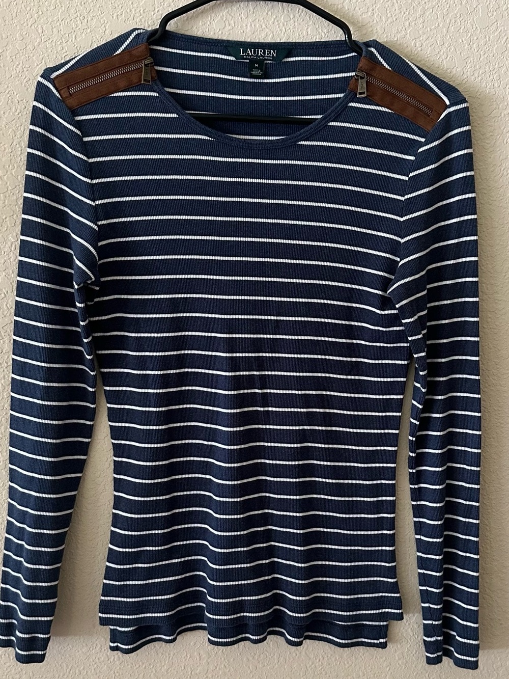Ralph Lauren Navy and White Striped Long Sleeve Tee with Brown Shoulder Tabs